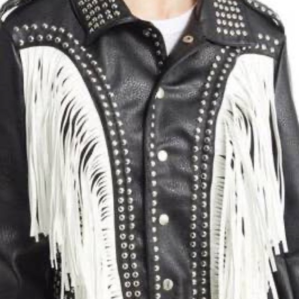 Azalea Wang Studded Black Faux Leather White Fringe Detail Moto Jacket - Picture 7 of 7